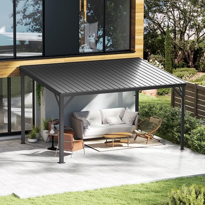 Domi 10'x14' Hardtop Wall Mounted Gazebo, Expandable Lean to Gazebo Pergola with Gutters & Galvanized Steel Roof, 60MPH Wind Resistance Outdoor Heavy Duty Canopy Sun Shade for Patio, Backyard - Grey