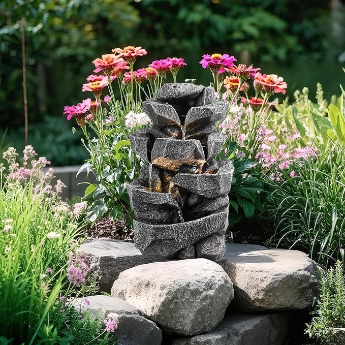 Outdoor 5-Tiers Cascading Rock Water Fountain, Waterfall Fountain with LED Lights, Outdoor Fountains and Waterfalls for Garden or Patio, Yard, and Deck Decor with Natural Stone Look