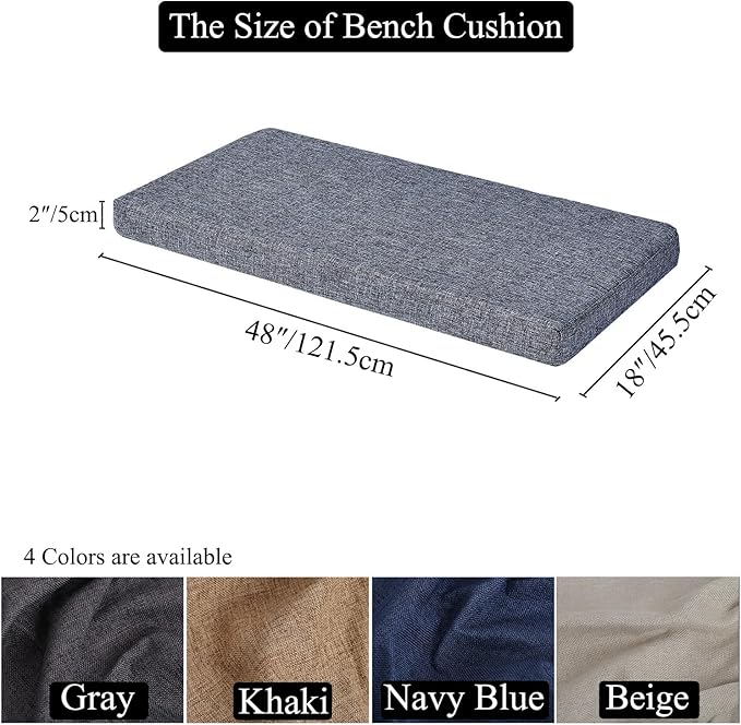 48 x 18 Inch Piano Bench Cushions for Indoor Furniture with Ties Non Slip Kitchen Dining Room Bench seat Cushion for Shoe Storage Ottoman Window Settee Pad，Navy Blue
