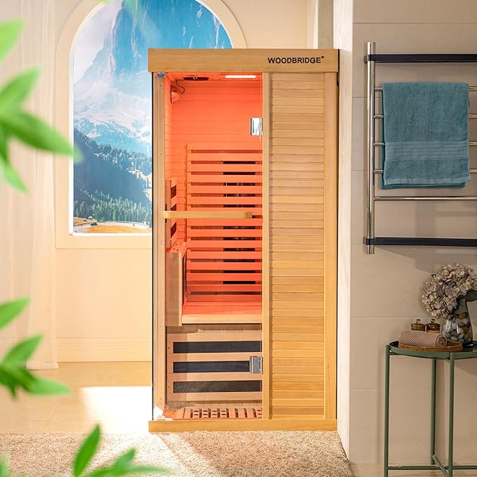 Woodbridge Infrared Home Sauna Room 1 Person Hemlock Wooden Indoor Sauna,7 Carbon 1560W/120V Heaters,with Led Color Therapy Light,Bluetooth Speaker,Tempered Glass,Touch-Tone Keypad and A Top Vent