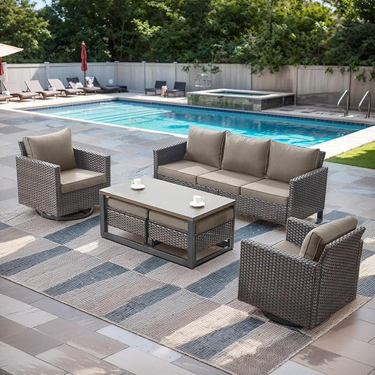 Rilyson Wicker Outdoor Patio Furniture Set - 6 Piece Patio Conversation Set with 2 Swivel Rocker Chairs,2 Rattan Ottoman,1 Couch and 1 Metal Coffee Table for Outside Porch Deck Backyard(Brown/Grey)