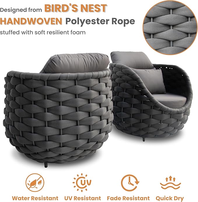 6 Pcs Patio Rope Accent Chair: Aluminum Single Lounge Armchair - Large Woven Chair Cushioned - Modern Arm Chair Assembled for 400lbs Outdoor Lanai Deck Balcony Porch Yard Garden Hotel, Dark Gray