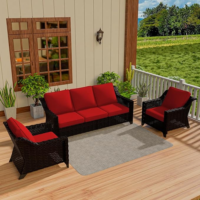 Vista Vibe 3 Pieces Outdoor Patio Conversation Furniture Set - 78" 3-seat Sofa | 2 Wicker Chairs, Deep Seat Loveseat, Removable Cushions, Hand-Woven PE Rattan Couch, Balcony (Brown/Red)