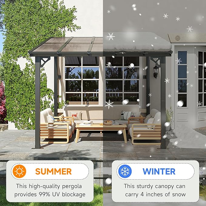 10x10FT Lean to Gazebo, Hardtop Metal Pergola with Polycarbonate Roof, Large Wall Mounted Heavy Duty Awnings, Patio Canopy for Backyard, Deck, Porch