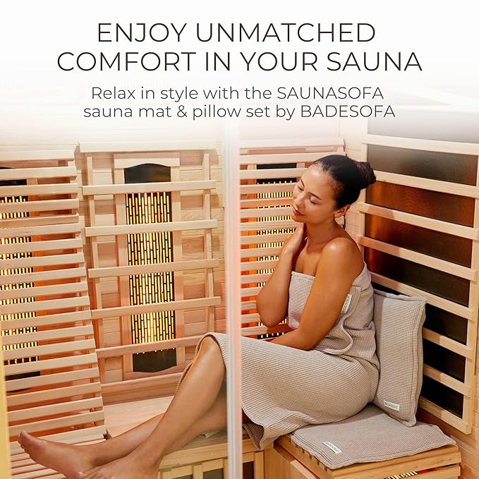 SAUNASOFA™ Sauna Mat & Pillow Set – 1 person sauna seat cushion and pillow for infrared and finnish sauna – heat-resistant sauna kit in taupe