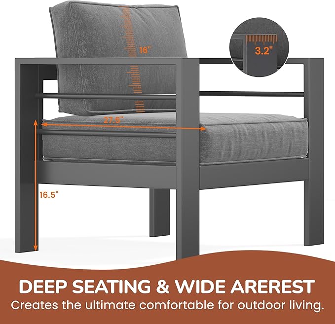 Solaste Aluminum Patio Furniture Set, 5 Seats Modern Outdoor Conversation Set Outdoor Furniture Set with Upgrade Cushion and Coffee Table,Dark Grey