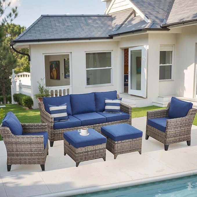 Patio Furniture Set, 5 Pieces Outdoor Wicker Rattan Sofa Couch with Rattan Chair, Ottomans and Comfy Cushions, All Weather Patio Conversation Sets, Suit for Porch Deck Garden