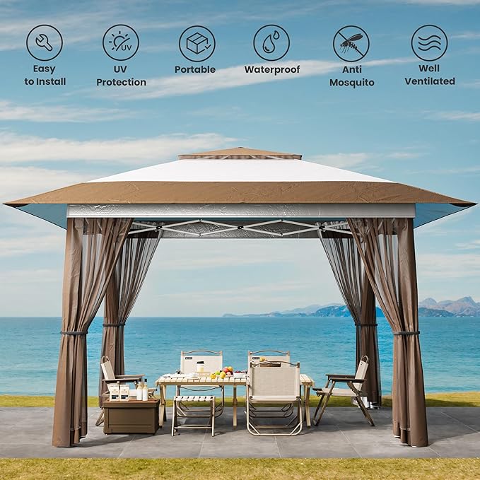 Bealife 13x13 Pop Up Gazebo Tent with Mosquito Netting, Outoor Canopy Tent with 4 Sandbags, 8 Stakes, 4 Ropes, Roller Bag, Pop Up Canopy for Lawn Backyard Garden Deck (Beige, 13x13)