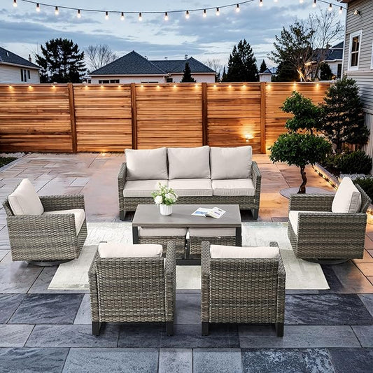 HUMMUH 8 Piece Patio Furniture Set All Weather Wicker Outdoor Sectional Sofa with Patio Chairs,Patio Swivel Glider Chairs Ottomans Coffee Table for Porch,Garden,Backyard