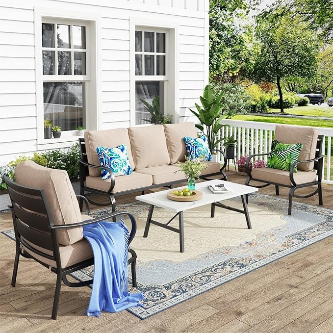 MFSTUDIO 4 Pieces Patio Conversation Set, 5 Seats Metal Outdoor Furniture Sets with 1 x 3-Seat Sofa, 2 Single Chairs,1 Coffee Table, All Weather Steel Frame Patio Sets with 5.75inch Beige Cushions