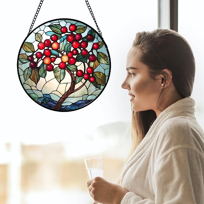 CRIS GIF Stained Glass Window Hanging - Red Fruit Tree Landscape Suncatcher for Doors Garden Patio Sun Catchers Decor Christmas Mother's Day Birthday Gifts for Women Men Mom Nana Friend 11.8 in