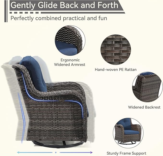 2 Pieces Outdoor Swivel Rocker Patio Chairs Set - Outdoor Wicker Patio Conversation Sets with 1 Side Table, Olefin Fabric Cushions Suitable for Backyard Deck and Porch, Blue