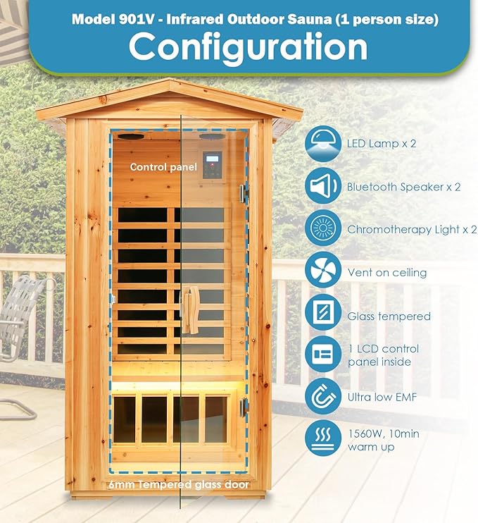 Saunas 901V Far Infrared Sauna, Outdoor Wooden Dry Sauna Low EMF (Hemlock Wood, 1-Person Size)