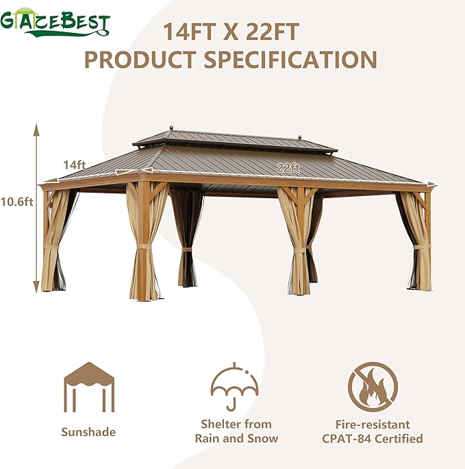 14' X 22' Hardtop Gazebo, Aluminum Wood-Looking Frame Outdoor Permanent Galvanized Steel Double Roof Pavilion Pergola Canopy with Privacy Curtains for Garden, Patio, Backyard, Deck and Lawns.