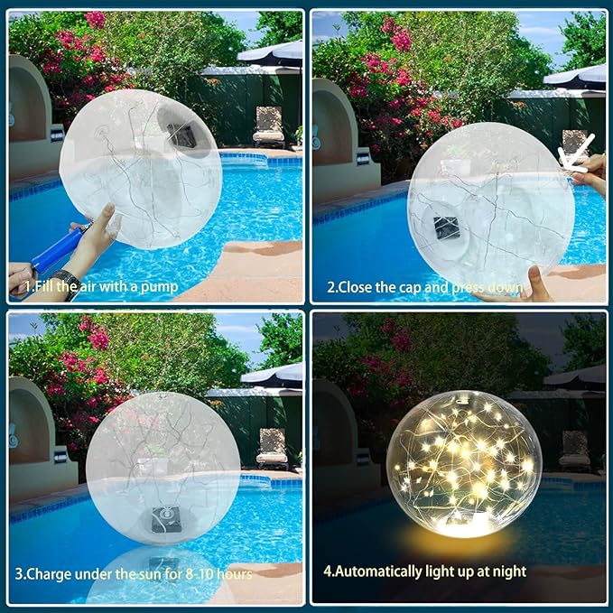 Solar Powered Floating Pool Lights - 14" Inflatable Waterproof Floating Light UP Pool Glow Balls, 3000K Warm-White Led Pool Lights That Float for Party Decorations, Outdoor Patio Detor (4)