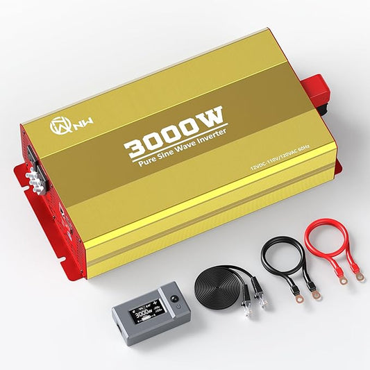 3000W Pure Sine Wave Inverter 12V DC to 120V AC Converter for Family Emergency Preparedness,Camping,RV,Solar DIY,Outdoors,Built-in 5V/2.1A USB-A,USB-C,Hardwire Port, Remote Controller