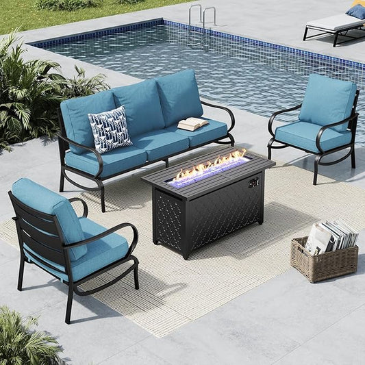 MFSTUDIO 4 Piece Patio Conversation Sets, All Weather Metal Frame Outdoor Furniture Set Patio Sofas with 1 x 45 Rectangular Fire Pit Table, 1 x 3-Seat Sofa, 2 x Sofa Chairs, Navy Cushion