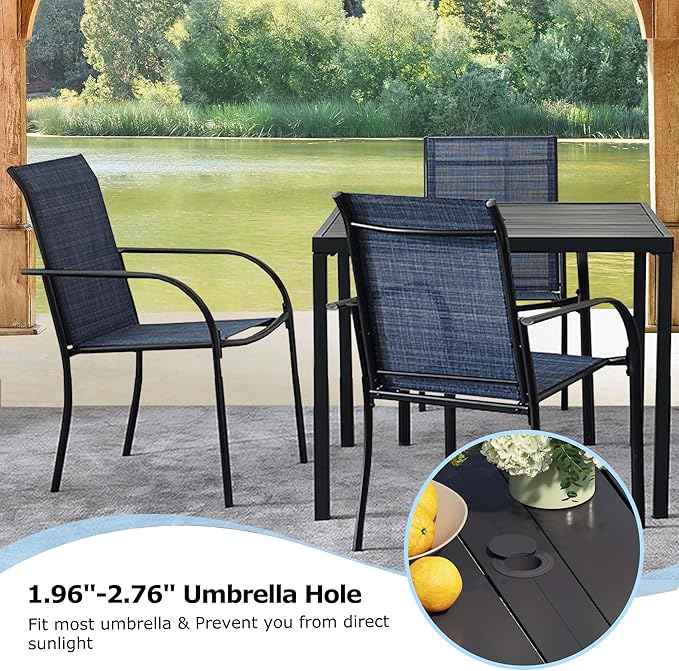 5 Pieces Round Dining Table Set for 4, Patio Dining Set Includes 4 Dark Blue Stackable Patio Chairs and 1 Black Square Table, Patio Furniture Sets with Sling Support for Outside, Garden