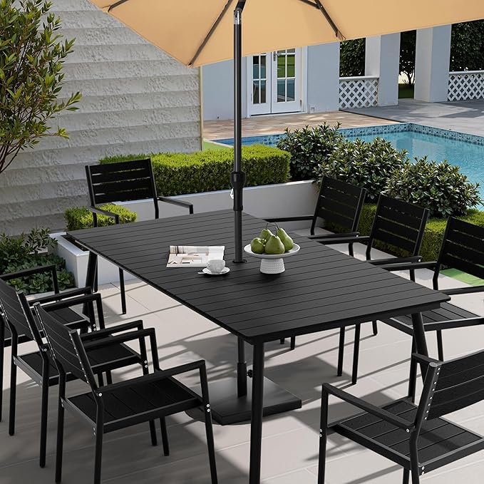 Outdoor Dining Table for 6-8, 82.7 inch Patio Dining Table with Wooden-Like Top and Aluminum Frame, Rectangular Table with Umbrella Hole Outdoor Furniture, Only Table, Black
