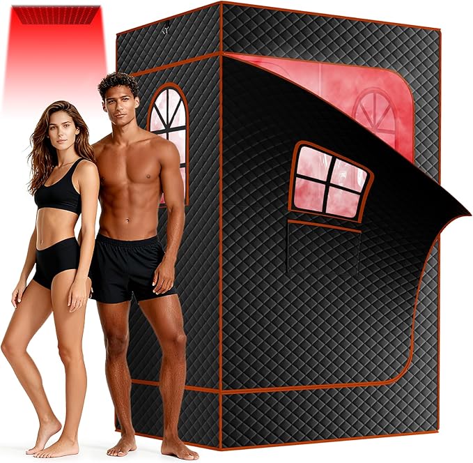 NAIZEA 2 Person Infrared Sauna Box, Portable Steam Sauna with Red Light Therapy Lamp,2 Person Full Body Saunas Tent for Home Spa with 3L 1200W Steamer,Remote Control, 2 Folding Chair,3.9'x2.9'x5.9'