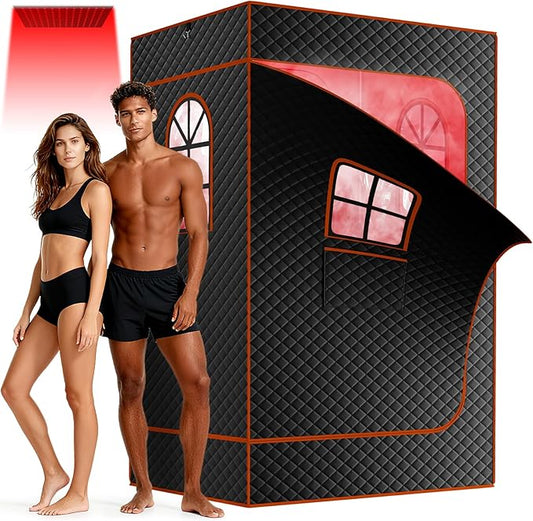 NAIZEA 2 Person Infrared Sauna Box, Portable Steam Sauna with Red Light Therapy Lamp,2 Person Full Body Saunas Tent for Home Spa with 3L 1200W Steamer,Remote Control, 2 Folding Chair,3.9'x2.9'x5.9'