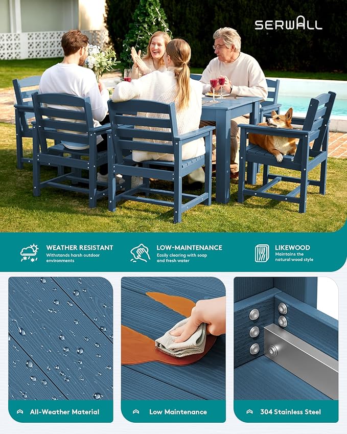 SERWALL Patio Dining Set for 6, Outdoor Dining Sets for 6 Person with 1 Umbrella Hole Cut-Out Rectangular Table and 6 Chairs, HDPE Dining Sets for Garden, Backyard, Poolside, Blue