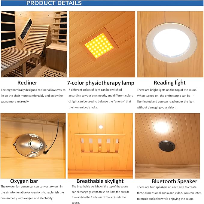 ZONEMEL 1 to 2 Person Infrared Sauna Room, Canadian Hemlock Wood Sauna with Recliner, Tempered Glass Door, 220V, 2300W, 4 Full Spectrum Heating Tubes, 4 Carbon Crystal Heating Panel, Oxygen Bar