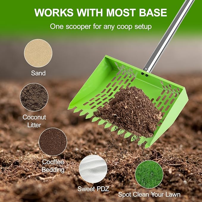 Chicken Poop Scooper & Rake 2-in-1,10" Wide Metal Sand Sifting Shovel with Grip,Adjustable Stainless Steel Handle,Cleaning Tools for Chicken Coops & Farm Animals Scoop (Green)