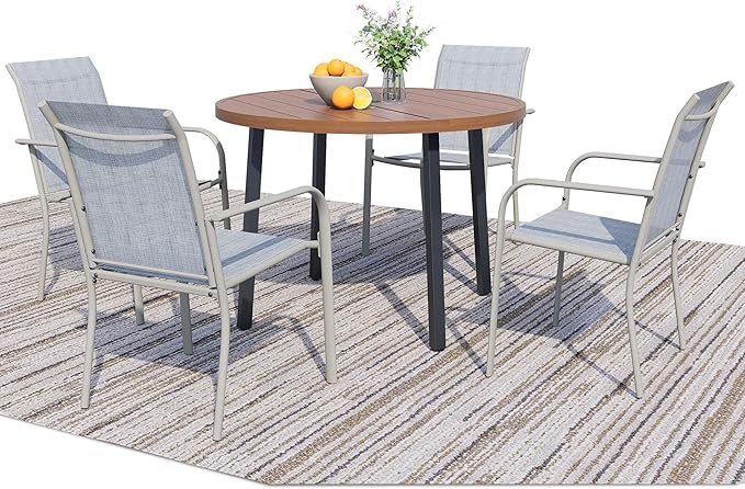 5 Pieces Round Dining Table Set for 4, Patio Dining Set Includes 4 Beige Blue Stackable Patio Chairs and 1 Walnut Round Table, Patio Furniture Sets with Sling Support for Outside, Garden