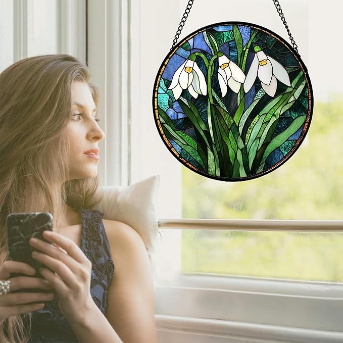 Stained Glass Window Hanging - Green Plants Birth Flowers Suncatcher for Doors Garden Patio Sun Catchers Decor Christmas Mother's Day Birthday Gifts for Women Men Mom Nana Friend 9.8 in