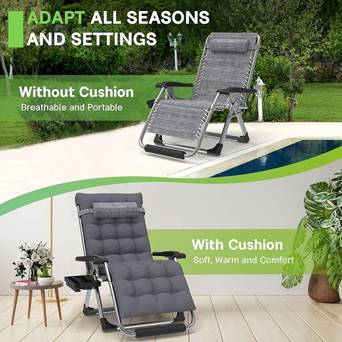 ZENPETIO 29In XL Zero Gravity Chair w/Cushion, Zero Gravity Recliner Lounge Chair for Indoor and Outdoor, Reclining Camping Chair for Lawn, Anti Gravity Chair with Cup Holder and Footrest, 440LBS