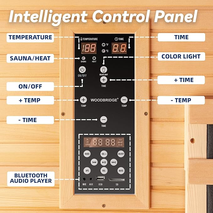 Woodbridge Infrared Home Sauna Room 1 Person Hemlock Wooden Indoor Sauna,7 Carbon 1560W/120V Heaters,with Led Color Therapy Light,Bluetooth Speaker,Tempered Glass,Touch-Tone Keypad and A Top Vent