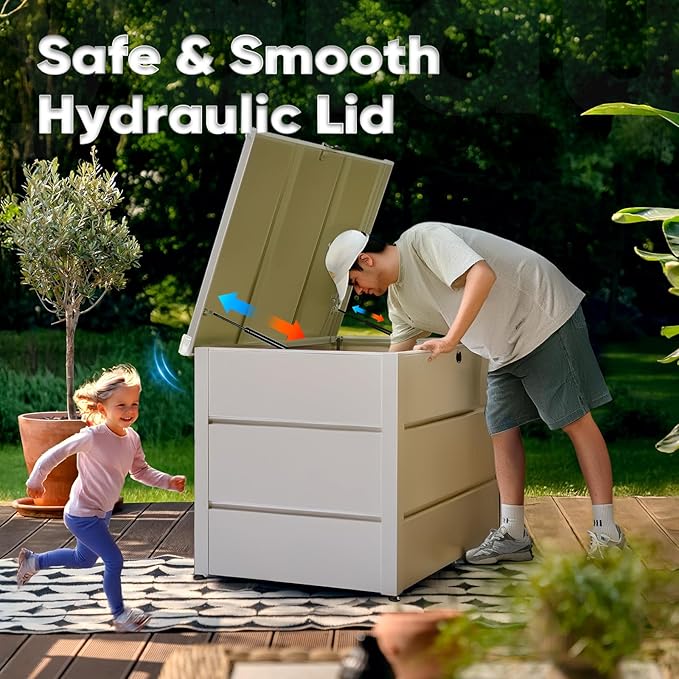 Quictent Metal Deck Box 150 Gallon Outdoor with Hydraulic Lid, Easy Assemble Waterproof Weather-Resistant Storage Bin, 660LBS Capacity for Patio/Garden/Poolside, White
