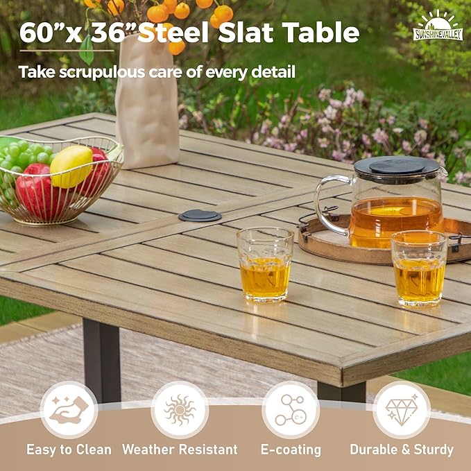 Patio Dining Set for 6, Rectangular Wood-Like Metal Table with Umbrella Hole and 6 Dining Chairs, Outdoor Table and Chairs for Lawn Garden Backyard and Deck, Red