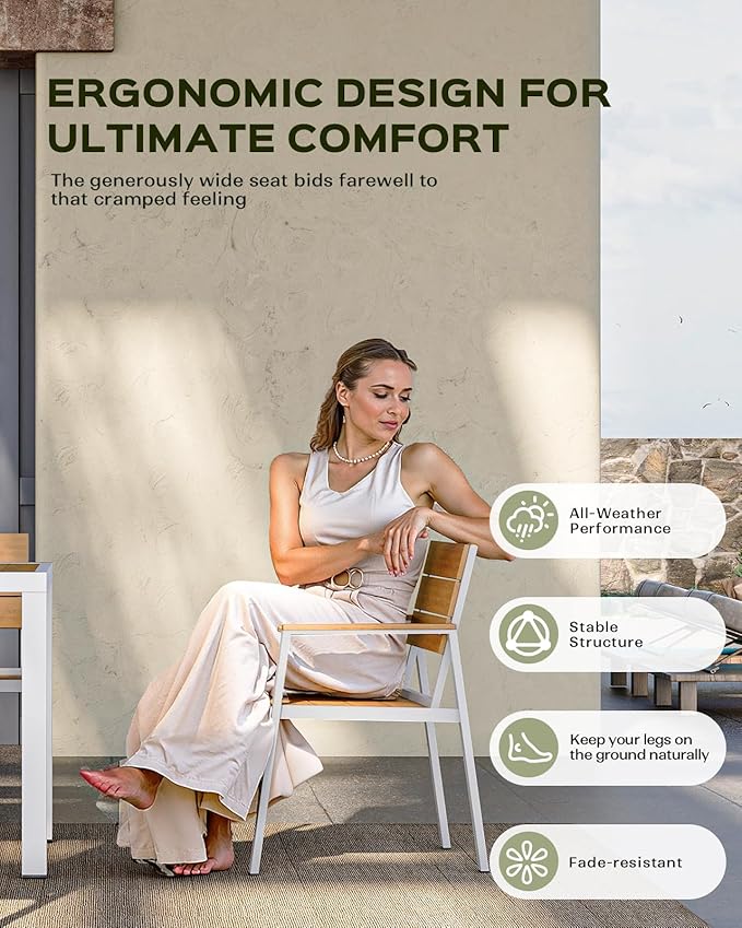 Outdoor Dining Set, Patio Table and Chairs of 4, Aluminum Outdoor Furniture Set with Umbrella Hole, HDPS Patio Dining Table Set for 4 (White-Teak)