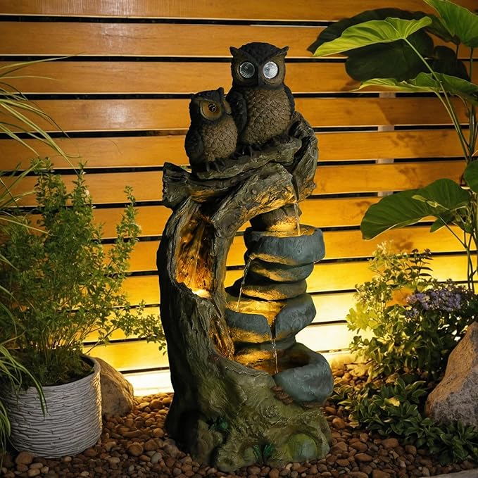 34.3''H Outdoor Water Fountain Owl Tree Stump, 4 - Tier Cascading Waterfall Garden Fountains with LED Lights & Pump Water Feature Resin for Patio, Deck, Yard, Home Decor
