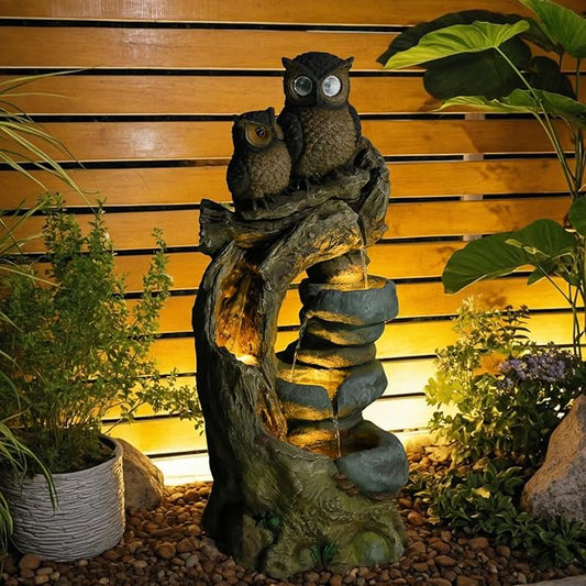 34.3''H Outdoor Water Fountain Owl Tree Stump, 4 - Tier Cascading Waterfall Garden Fountains with LED Lights & Pump Water Feature Resin for Patio, Deck, Yard, Home Decor