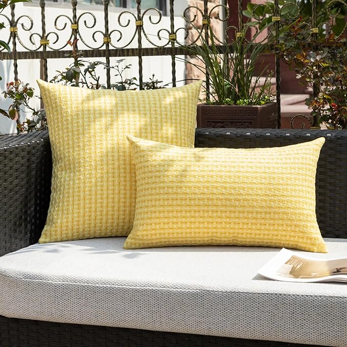 Kevin Textile Outdoor Waterproof Throw Pillow Covers Pack of 2 Farmhouse Decorative Cushion Covers for Garden Patio Tent Balcony Bench Couch Sofa 22x22 Inch, Yellow