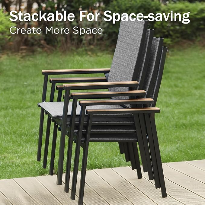 PHI VILLA Outdoor Stackable Chairs, Patio Chairs Set of 6, Light Weight Aluminum Frame with Textilene Fabric & Wood Armrest, High Back Deck Chairs for Poolside Lawn Garden, Gray