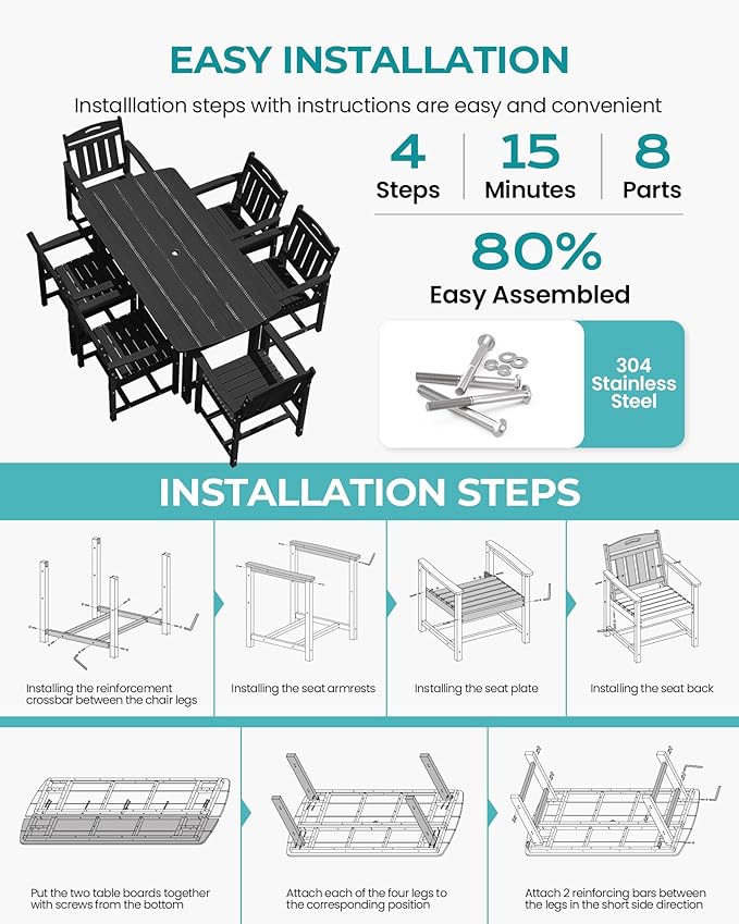 HDPE Outdoor Patio Dining Set with Table & 6 Chairs, All-Weather 7-Piece Outdoor Table and Chairs, 2" Umbrella Hole, Patio Furniture for Garden, Backyard, Deck | Matte Black