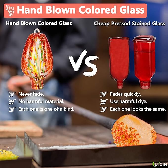 Tulip Shaped Hummingbird Feeder for Outdoors Hanging, Hand Blown Glass, 28 fl.oz, Leak Proof & Rustproof, Includes an Ant Moat, Metal Cover with 5 Feeding Ports, Red