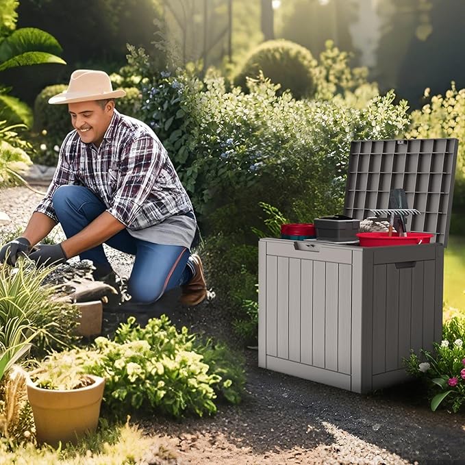 Outdoor Storage Box, Deck Box Waterproof 35 Gallon, Resin Outside Storage, Storage Bin for Package Delivery, Patio Furniture Cushion, Pool Accessories, Weatherproof and UV Resistant, Grey