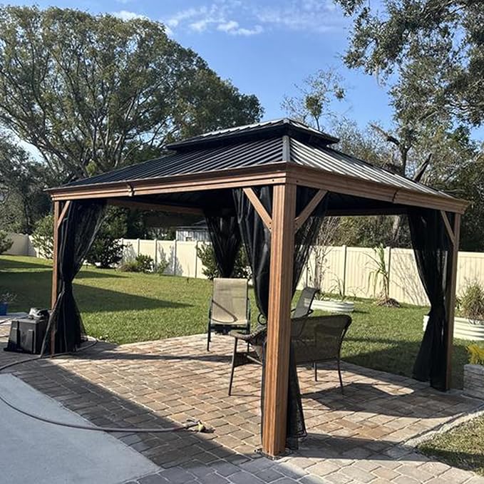 PURPLE LEAF 12' X 14' Outdoor Hardtop Gazebo for Patio Galvanized Steel Double Roof Permanent Canopy Teak Finish Coated Aluminum Frame Pavilion Gazebo with Netting