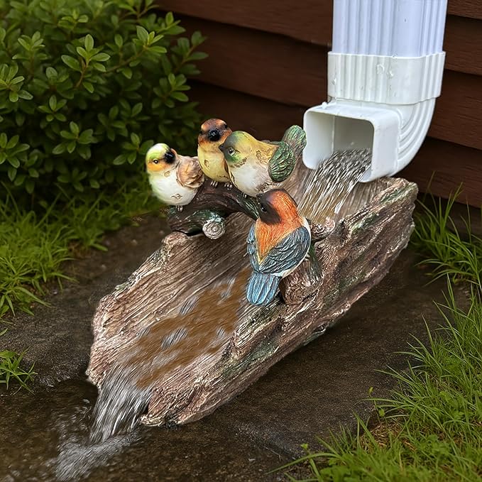Bird Splash Block - Decorative Resin Gutter Downspout Diverter, 11” x 6.1” x 6.9”, Durable Water Flow Protector for Yard, Garden & Patio, Functional Outdoor Four Birds Statue for Rainwater Drainage