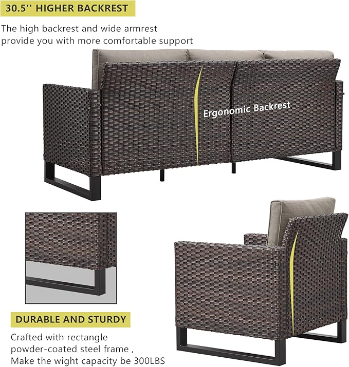 HUMMUH 7 Piece Patio Furniture Set PE Wicker Outdoor Couch,Patio Swivel Rocker Chairs and Ottomans Tables for Porch,Garden,Backyard