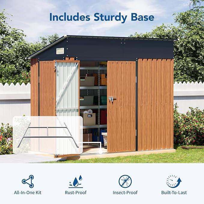 8x4 Ft Outdoor Metal Shed, Storage Shed with Floor & Triple Lockable Doors, Front & Side Door for Easy Access, Large Garden Tool Shed for Backyard, Patio, Lawn & Utility Storage