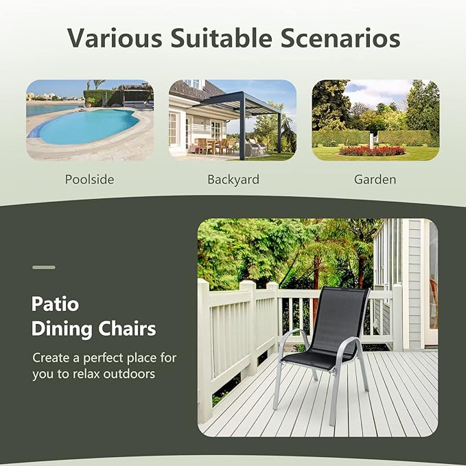 Tangkula Patio Dining Chairs Set of 4, Outdoor Stackable All Weather Heavy Duty Dining Chairs Set with Armrests, Support 330 LBS, for Poolside, Backyard, Garden, Deck, Front Porch (Black)
