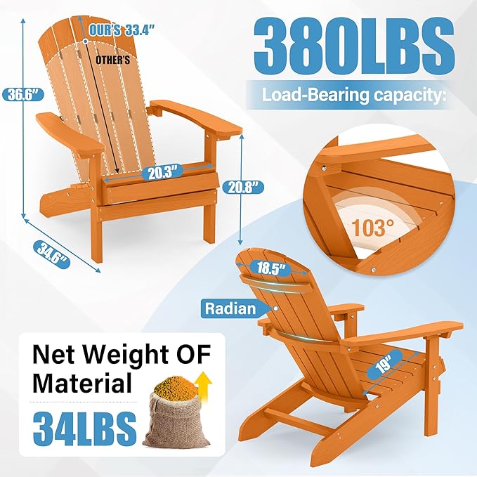 YEFU Adirondack Chairs Set of 4: Outdoor Chair HIPS Plastic Adirondack Chairs - Patio Chairs with Wood Texture - Lawn Fire Pit Deck Porch Garden Chairs for Adults (Tangerine)