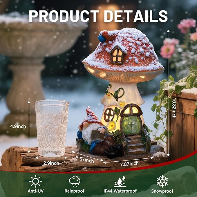 Solar Mushroom Gnome Reading Light, Weatherproof Resin Fairy Garden Figurine Decor Auto On/Off - Book Lover Gift for Pathway & Patio