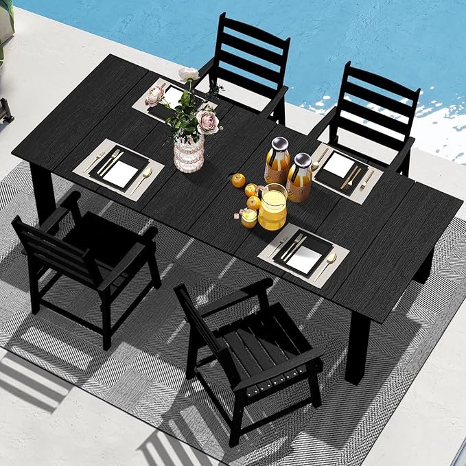 LOUNZY 5 Pieces Patio Dining Sets, Outdoor HDPE Furniture Set for 4 w/ 2" Hole Cut-Out Dining Table with 4 Patio Chairs for Pool, Lawn and Garden,Black